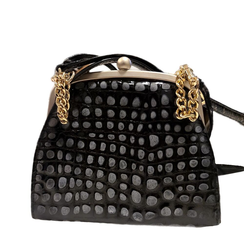 Carla Mancini Vintage Y2K Black Patent Leather Croc & Gold Chain Crossbody Bag